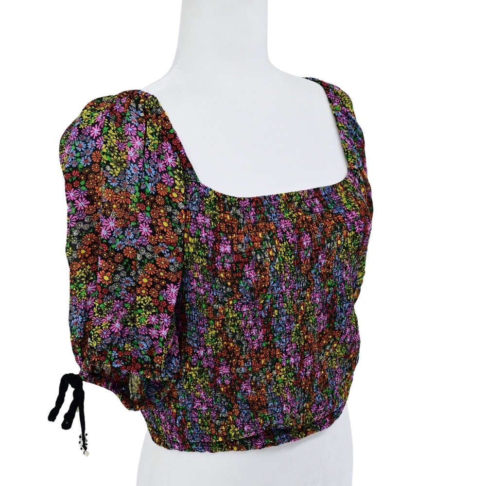 Y2K VTG Free People Ditsy Floral Smocked Puff Sleeve Milkmade‎ Coquette Crop Top